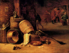 Картина "an interior scene with pots, barrels, baskets, onions and cabbages with boors carousing in the background" художника "тенирс младший давид"