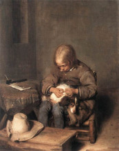 Картина "the flea-catcher (boy with his dog)" художника "терборх герард"