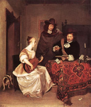 Картина "a young woman playing a theorbo to two men" художника "терборх герард"