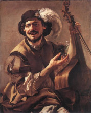 Картина "a laughing bravo with a bass viol and a glass" художника "тербрюгген хендрик"