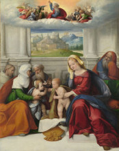 Репродукция картины "the holy family with saints" художника "тизи бенвенуто"
