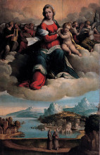 Репродукция картины "madonna with the child in glory and holy ones" художника "тизи бенвенуто"