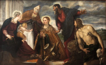 Картина "virgin and child with saint catherine, saint augustine, saint marc and saint john the baptist" художника "тинторетто"
