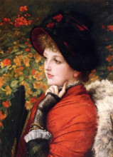 Репродукция картины "type of beauty: portrait of mrs. kathleen newton in a red dress and black bonnet" художника "тиссо джеймс"