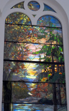 Репродукция картины "window with autumn sunset in the forest" художника "тиффани луис комфорт"