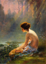 Репродукция картины "seated nude at lily pond" художника "тиффани луис комфорт"