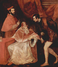Репродукция картины "portrait of pope paul iii, cardinal alessandro farnese and duke ottavio farnese" художника "тициан"