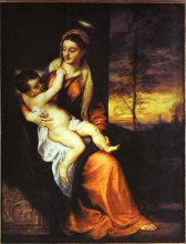 Репродукция картины "madonna and child in an evening landscape" художника "тициан"