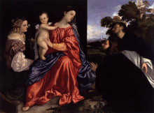 Копия картины "madonna and child with sts catherine and dominic and a donor" художника "тициан"
