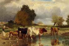 Репродукция картины "calf cows at the marl" художника "труайон констан"