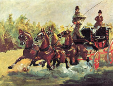 Картина "count alphonse de toulouse lautrec driving a four horse hitch" художника "тулуз-лотрек анри де"