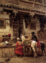 Репродукция картины "craftsman selling cases by a teak wood building, ahmedabad" художника "уикс эдвин лорд"
