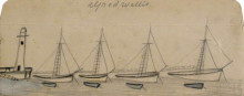 Картина "lighthouse, four moored sail boats and rowing boats" художника "уоллис альфред"