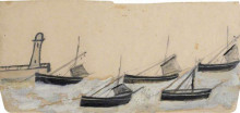 Репродукция картины "five fishing boats anchored by pier and lighthouse" художника "уоллис альфред"