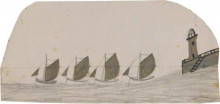 Репродукция картины "four sailing boats leaving pier with lighthouse" художника "уоллис альфред"