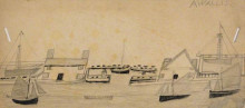 Репродукция картины "houses either side of port entrance and seven boats" художника "уоллис альфред"