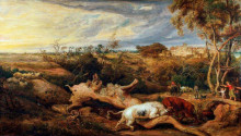 Картина "bulls fighting, with a view of donatt&#39;s castle, glamorganshire" художника "уорд джеймс"