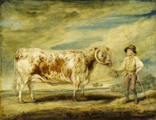 Репродукция картины "jerry hudson, a farm labourer, with a longhorn cow" художника "уорд джеймс"
