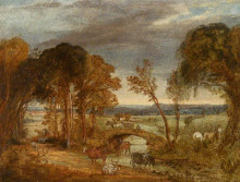 Репродукция картины "river landscape with bridge, figures and cattle" художника "уорд джеймс"