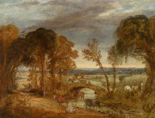 Копия картины "river landscape with bridge, figures and cattle" художника "уорд джеймс"