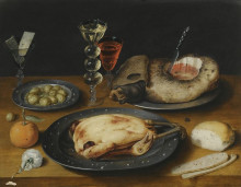 Картина "still life of a roast chicken, a ham and olives on pewter plates with a bread roll, an orange, wineglasses and a rose on a wooden table" художника "беерт осиас"