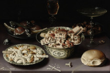 Картина "three dishes of sweetmeats and chestnuts with three glasses on a table" художника "беерт осиас"