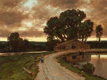 Картина "figure on the road and farmhouse at sunset" художника "уотсон гомер"