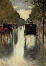 Картина "berlin street scene with horse-drawn cabs" художника "ури лессер"