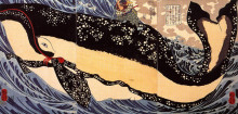 Картина "musashi on the back of a whale" художника "утагава куниёси"