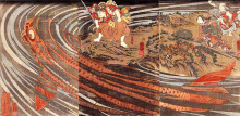 Картина "oniwakamaru preparing to kill a giant carp" художника "утагава куниёси"