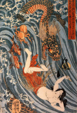 Картина "tamatori being pursued bya dragon" художника "утагава куниёси"