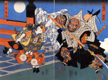 Картина "uchiwakamaru fighting benkei on gojo bridge" художника "утагава куниёси"