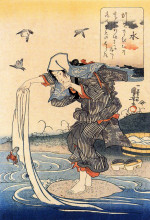 Копия картины "woman doing her laundry in the river" художника "утагава куниёси"