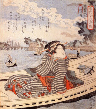 Репродукция картины "woman in a boat on the sumida river" художника "утагава куниёси"