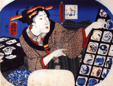Картина "woman selling decorative bowls" художника "утагава куниёси"