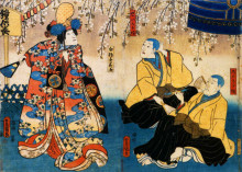 Копия картины "shūka bandō i as shirabyōshi hanako, kichisaburō arashi iii as konkara bō, and sanjūrō seki iii as seitaka bō (kyō-ganoko musume dōjō-ji)" художника "утагава кунисада"