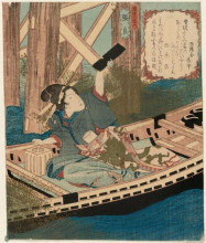 Картина "woman catching a packet, from the series stories from the han and chu in two parts (kanso ni ban no uchi)" художника "утагава кунисада"