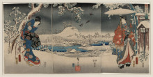 Картина "snowy landscape with a woman brandishing a broom and a man holding an umbrella" художника "утагава кунисада"