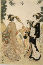 Картина "three beauties playing battledore and shuttlecock" художника "утагава тоёкуни"
