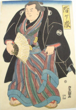 Картина "sumo wrester in blue-brown striped underkimono" художника "утагава тоёкуни ii"