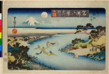 Репродукция картины "autumn moon at tamagawa, two boats fishing at night" художника "утагава тоёкуни ii"