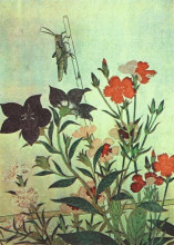 Картина "rice locust red dragonfly pinks chinese bell flowers" художника "утамаро китагава"