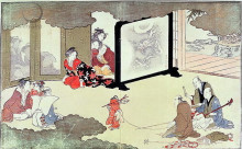 Репродукция картины "a monkey trainer performing at a noblemans house," художника "утамаро китагава"