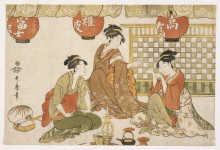 Копия картины "three seated ladies with lanterns" художника "утамаро китагава"