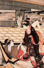 Картина "a scene on the bridge" художника "утамаро китагава"