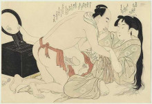 Картина "a man interrupts woman combing her long hair" художника "утамаро китагава"