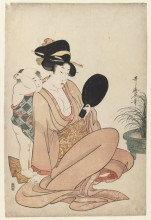 Репродукция картины "mother and child gazing at a hand mirror" художника "утамаро китагава"