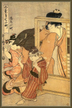 Картина "a woman watches two children" художника "утамаро китагава"