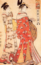 Репродукция картины "illustration from `the twelve hours of the green houses&#39;, c.1795 (colour woodblock print)" художника "утамаро китагава"