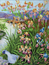 Картина "blue tufted bird and bearded irises" художника "уэйн луис"